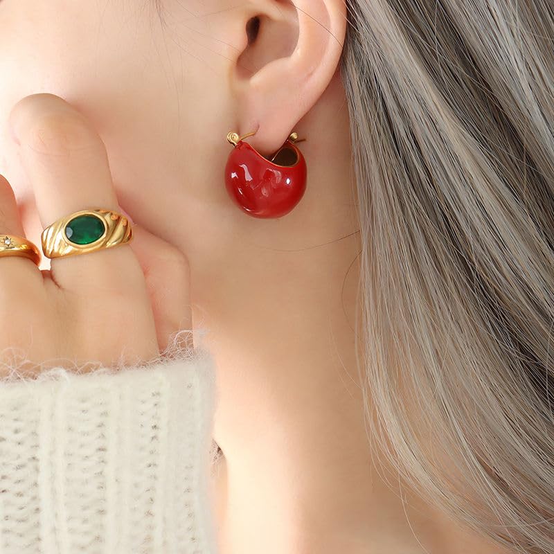 El Regalo Chunky 18K Gold Plated Enamel Hoop Earrings for Women & Girls | Elegant Bold Teardrop Huggie Hoops | Fancy Western Statement Jewellery | Glossy Curved Design for Casual Wear, Office & Party (Deep Crimson Red)
