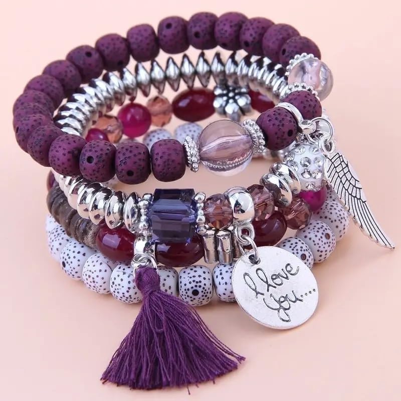 El Regalo 4Pcs/Set Vintage Bohemia Style Wing Beads Tassel Unisex Bracelet - Stackable Multi-layer Modern Charm Bracelets with Wings and I Love You Charms Bracelets (Wine)
