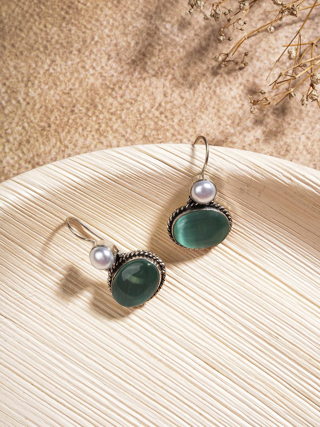 El Regalo 1Pair Cute Oxidized 925 Silver Plated Pearl & Stones Hook Earrings for Girls/Women- Silver Lookalike Handmade Oxidized Brass Hook Traditional Earrings with Stones & Pearls (Green)