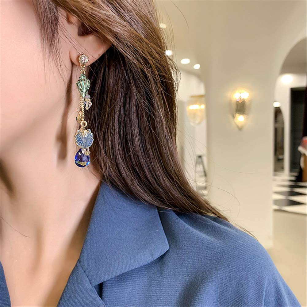 El Regalo Sparkly Bohemia Long Tassel Blue Ocean Shell Dangle Earrings Shine Rhinestone Scallop Beach Earrings For Women Girls Charm Statement Colorful Crystal Jewelry (Blue)