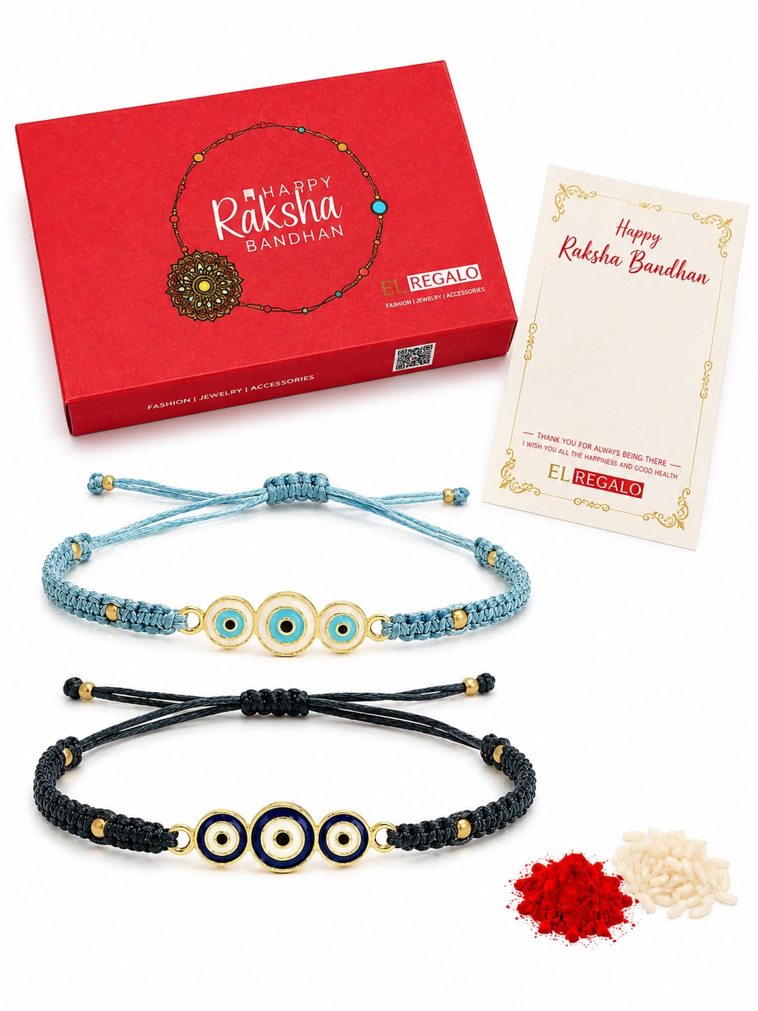 El Regalo 2PCs Rakhis for Brother- Evil Eye Rakhi Combo Set with 2 Rakhis, shagun Pack, Rakhi Message Card in Rakhi Gift Box (Option-2)