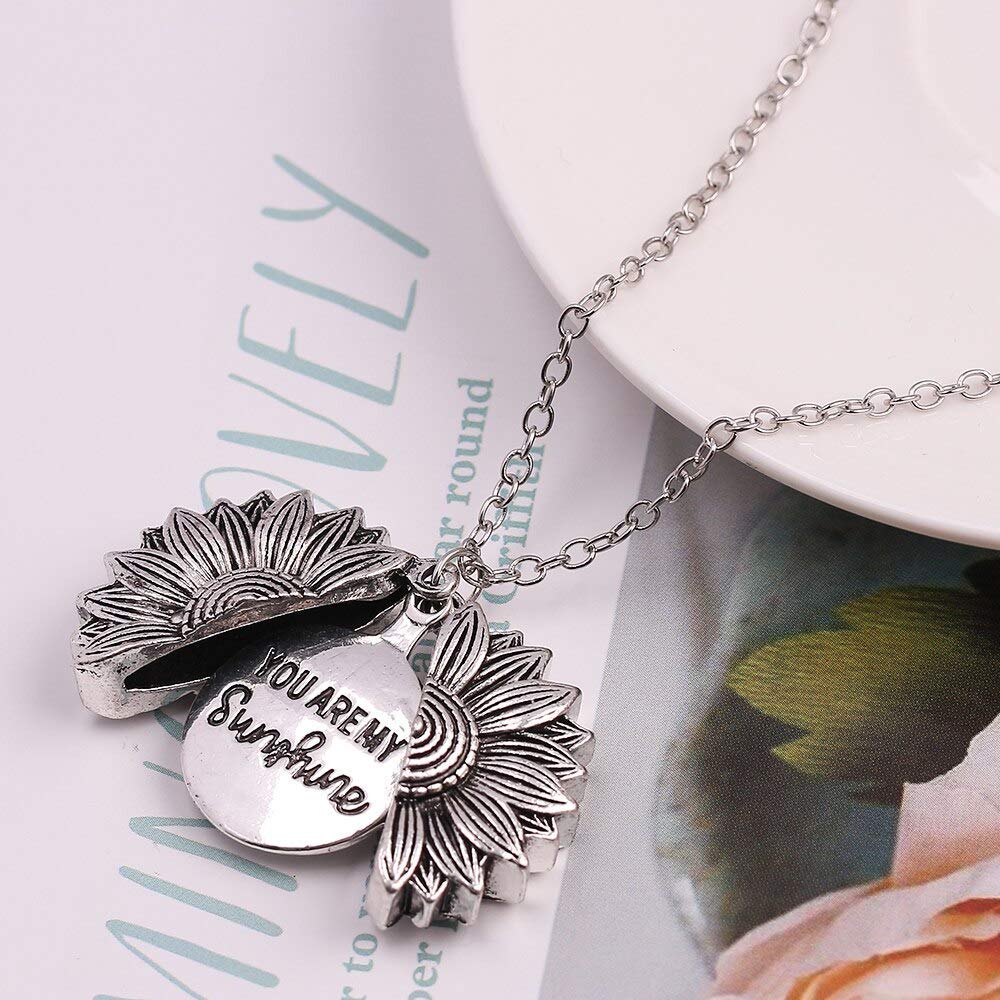 El Regalo "You Are My Sunshine" message Sun Flower Openable Pendant Necklace for Girls & Women (Metallic Silver)- Valentines Day Gift