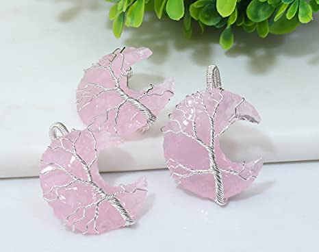 El Regalo Tree of Life Wire Wrapped Crescent Moon Natural Stones Healing Crystal Chakra Pendant Necklace - Unique Handcrafted Gemstones Pendant Necklaces (Rose Quartz) For Unisex Adult
