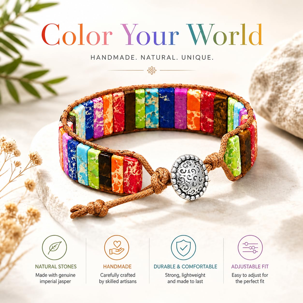 El Regalo Tibetan 7 Chakra Stone Bracelet Natural Assorted Gemstone Tube Beaded Braided Bracelet (Round)