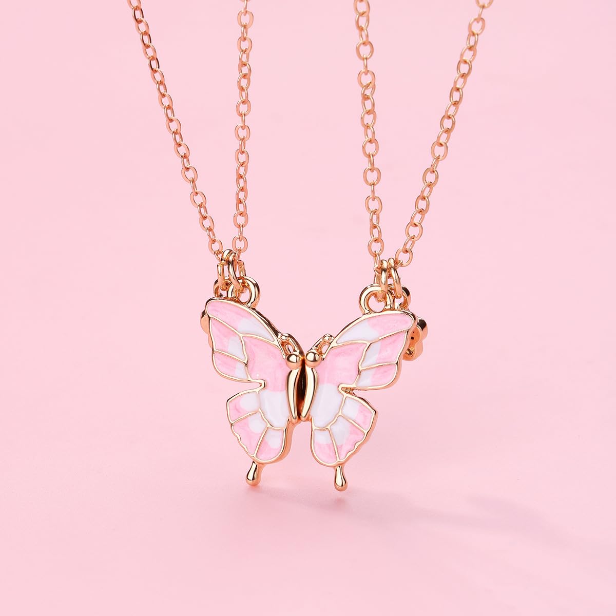 El Regalo 2 PCs BFF Best Friend Forever Butterfly Split Magnetic Matching Pendant Necklaces Set- Friendship Day Gift for Girls/Kids/Teens (Pink Butterflies Golden)