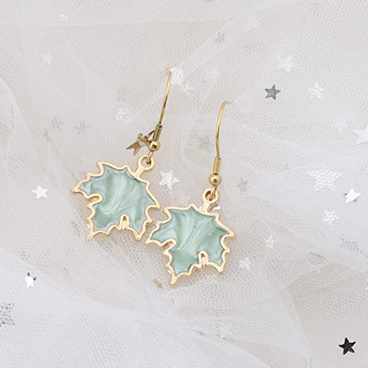 El Regalo 1 Pair Enamel Fall Maple Leaves Hypoallergenic Drop Earrings for Girls/Teens/Women (Silky Green Maple Leaves)