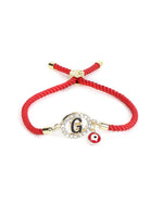 El Regalo Name Initials Evil Eye Bracelet Rakhi for Brother- Name Letter CZ Rakhi with Roli Chawal, Message Card in Rakshabandhan Box for Bhai (Red- G)
