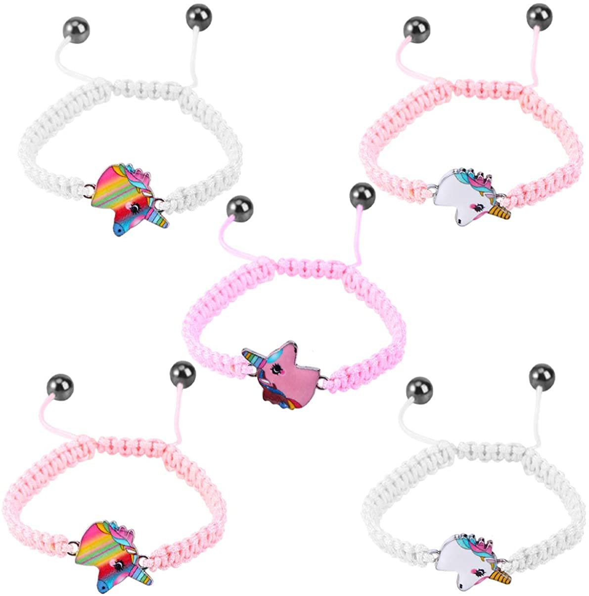 El Regalo 2 PCs Lovely Braided Unicorn Beads Bangle Bracelet for Girls Kids/Cute Cartoon Horse Weave Ropes Anklets Bracelets Jewelry For Kids Girl Women (Peachy Pink & White)