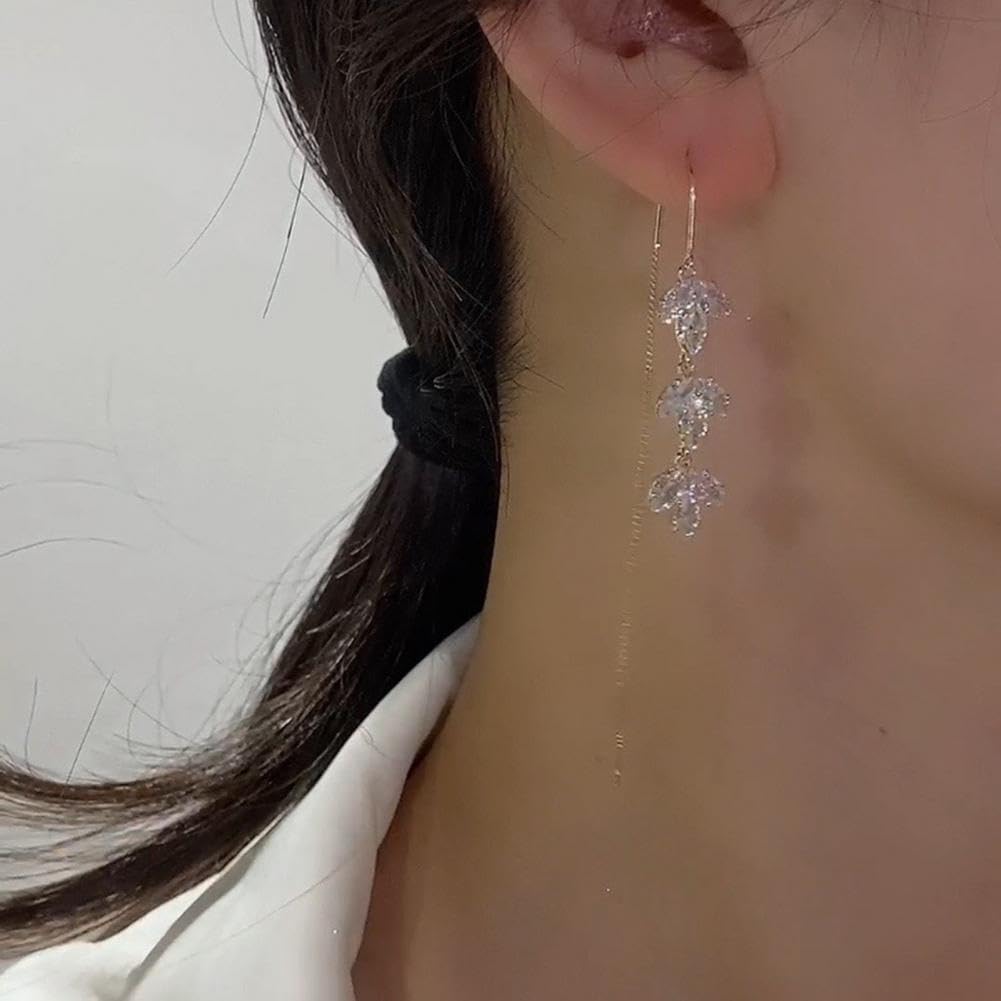 El Regalo Rhinestone Decor Leaf Drop/Threader Earrings for Girls & Women- Tassel Drop Earrings Studded With Zircon Stones (Threader Earrings)