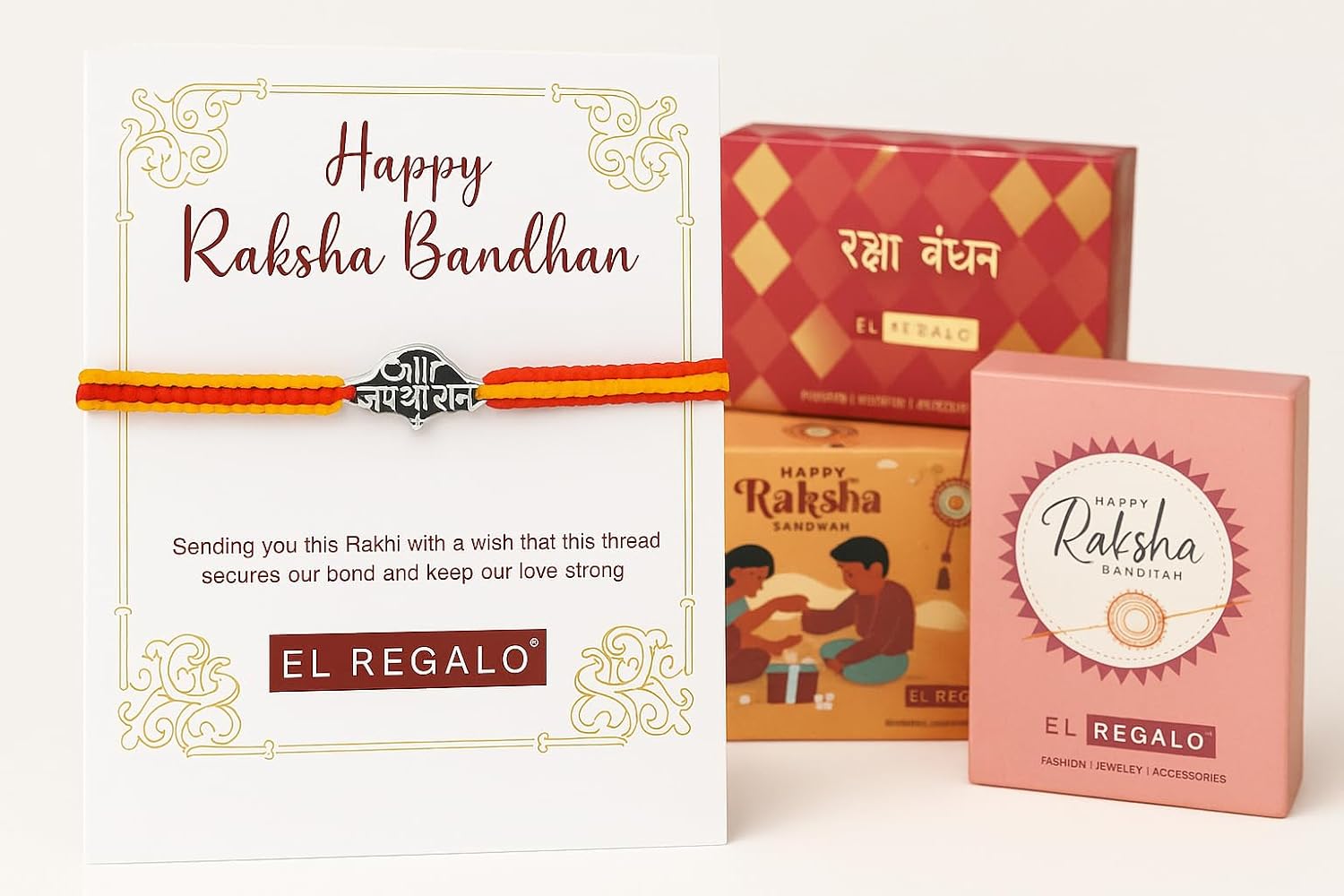 El Regalo 1PC Traditional Rakhi for Brother with Roli Chawal & Message Card | Designer Rakshabandhan Thread with OM, Shree Ram, Ganesha, Krishna Charms | Rakhi Gift Box Included (Jai Shree Ram)