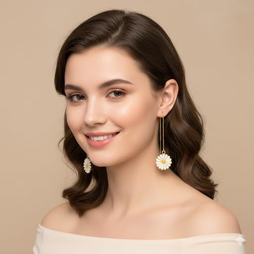 El Regalo Enamel Daisy Flower Threader Drop Earrings- Cute Flower Ear Line Earrings for Girls & Women- Valentines Day Gift for Her