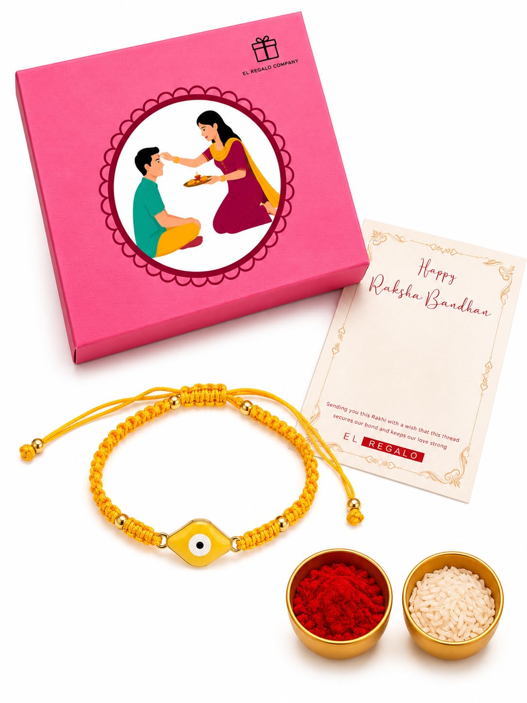 El Regalo Evil Eye Bracelet Rakhi for Brother with Roli Chawal in Gift Box (Yellow)