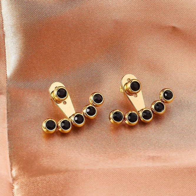 El Regalo 1Pair Stainless Steel Crystal Stud Front Back 2 Ways Ear Jackets for Women & Girls - Elegant Dual Style Earrings with Multicolor CZ Stones (5 Color Options) (Black)