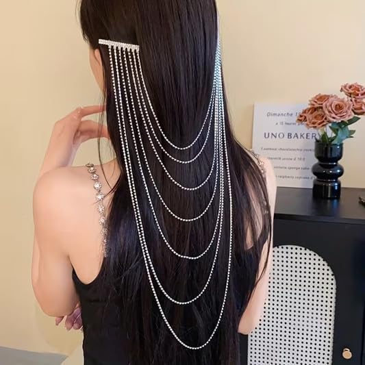 El Regalo Elegant Rhinestone Multi Layered Hair Chain for Women | Fancy Crystal Hair Jewelry | Sparkling Bridal Headpiece for Braids, Weddings, Parties & Festive Looks | Fancy Long Chain Hair Accessory