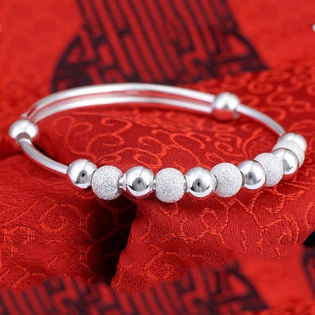 El Regalo Cute 1PC Adjustable Baby Bangle Bracelet for Girls & Boys - 925 Silver Plated Infant Bracelet with Sparkly Beads, Bell & Heart Charm - Ideal Gift for Babies & Toddlers (5cms Diameter) (Style-3)