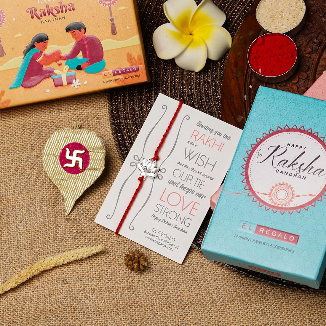 El Regalo 1PC Simple Lotus Flower Rakhi for Brother- Minimalist Lotus Thread Rakhi with Roli Chawal, Rakhi Message Card in Rakhi Gift Box (Option-1)