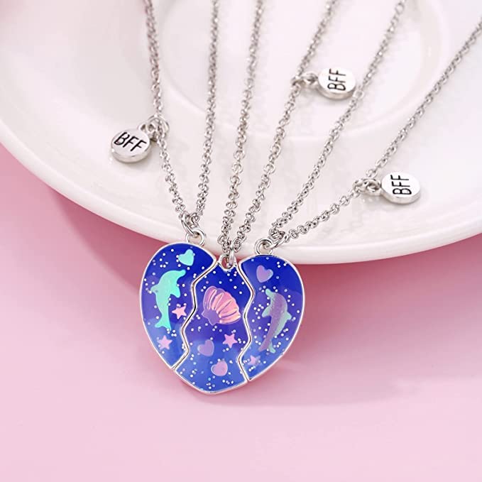 El Regalo 3 PCs BFF Best Friend Forever Split Heart Magnetic Matching Pendant Necklaces Set for Kids/Girls/Teens- Friendship Puzzle Necklaces Sets for Besties (Blue Dphphin Shell BFF)