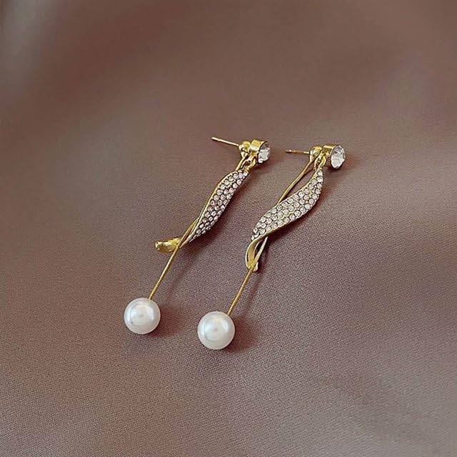 El Regalo Fancy Pearl Earrings- Pearl Zircon Inlaid Dangle Earrings for Girls & Women- Pearl Tassel Long Earrings (Pearl Tassel Ear Jacket)