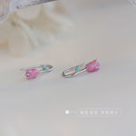 El Regalo Cute Tiny Pink Tulip Flower Bud Earrings for Girls & Women- Enameled Tulip Crawler Climber Earrings