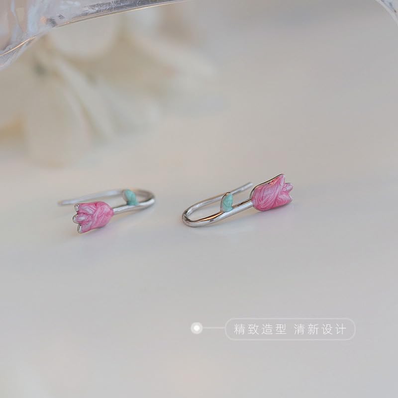 El Regalo Cute Tiny Pink Tulip Flower Bud Earrings for Girls & Women- Enameled Tulip Crawler Climber Earrings