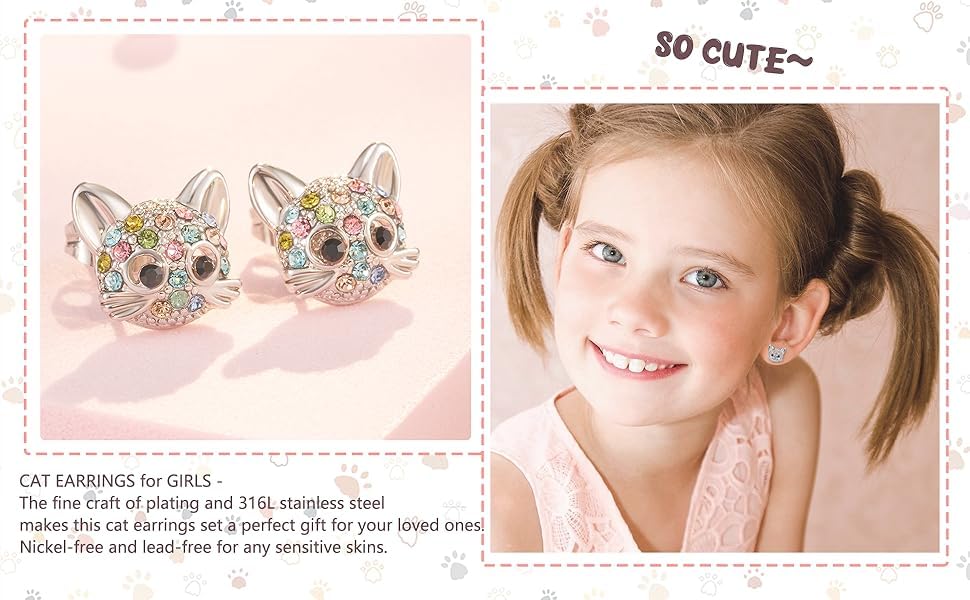El Regalo Cute Multi-Color Crystal Cat Stud Earrings for Kids/Girls/Women- Silver-Plated Kitten Face Jewellery with Sparkly Rhinestones - Gift for Cat Lovers