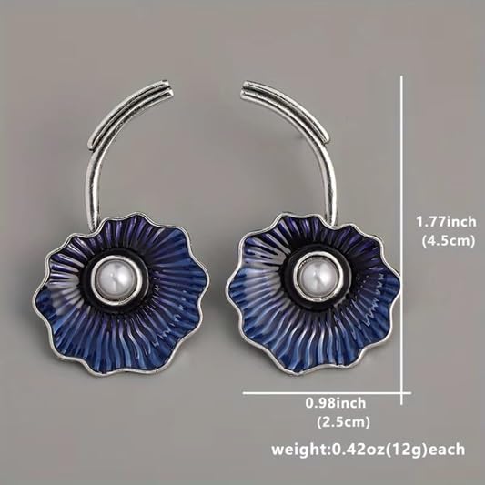 El Regalo Women's & Girl's Gorgeous Roast Blue Pearl Cloisonne Lotus Earrings- Vintage Blue Enamel Lotus Leaf Drop Freshwater Pearl Earrings