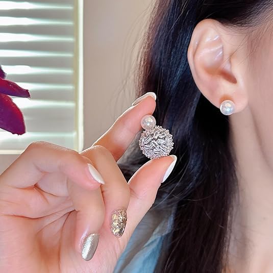 El Regalo Cute & Luxury Ear Jacket Crystal Ball Double Sides Stud Earrings for Women Girls- Elegant CZ Front Back Cartilage Studs Earring Dainty 2 in 1 Jewelry (Silver)