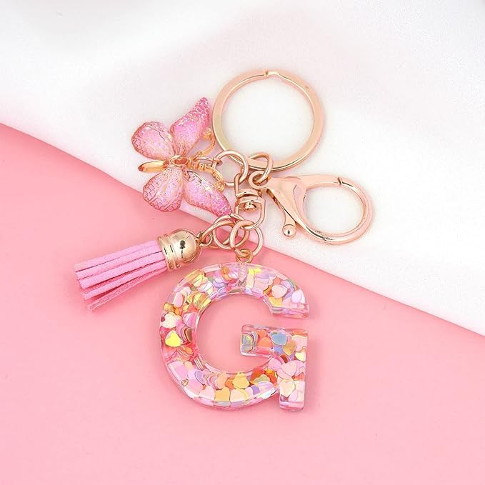 El Regalo Personalized Name Initials Butterfly Charm Keychain - Custom Letter Keyring with Pink Tassel & Butterfly Pendant, Purse, Bag, Backpack Accessory (G Letter)