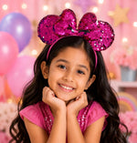 El Regalo Kids Sequin Mouse Ear Hairband with Bow for Girls | Cute Cartoon Mouse Headband | Glitter Party Hair Accessory | Fancy Dress Hair Band for Birthday, Theme Party, Halloween, Christmas & Photoshoot (Magenta)