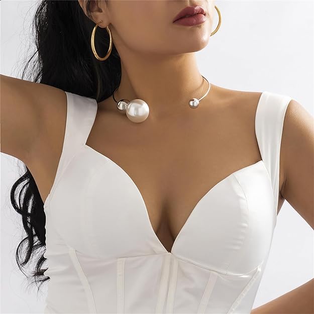 El Regalo Vintage Punk Big Imitation-Pearl CCB Bead Torques Coller Choker Open Necklace for Girls & Women (Silver)
