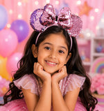 El Regalo Kids Sequin Mouse Ear Hairband with Bow for Girls | Cute Cartoon Mouse Headband | Glitter Party Hair Accessory | Fancy Dress Hair Band for Birthday, Theme Party, Halloween, Christmas & Photoshoot (Pink)