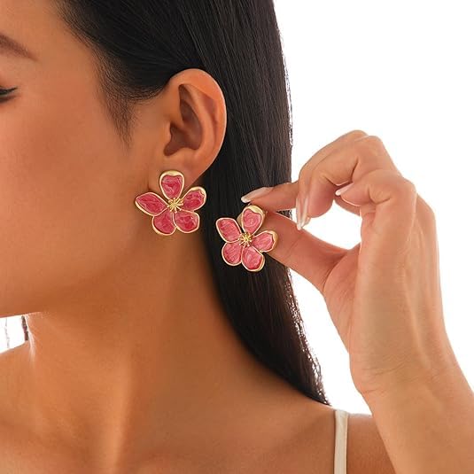 El Regalo Enameled Flower Stud Earrings for Women- Trendy Statement Big Flower Earrings (Magenta Red)