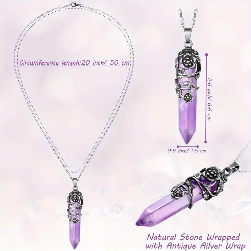 El Regalo 1PC Flower Wrapped Hexagonal Healing Natural Stones Point Pendant Unisex Necklace- Natural Stones Reiki Healing Crystals Necklace in Antique Silver Finish (Purple- Amethyst-Chain)