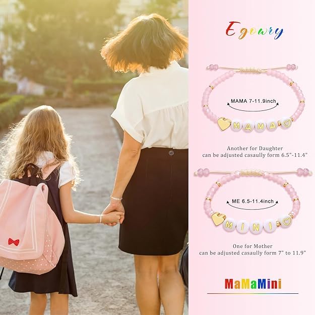 El Regalo Mother Daughter Matching Bracelet Set for 2 | Mama Mini Bead Bracelets | Mommy and Me Adjustable Heart Bracelet Set | Pink Crystal Beaded Mom-Daughter Bracelet for Women Girls (Mini-Mama)
