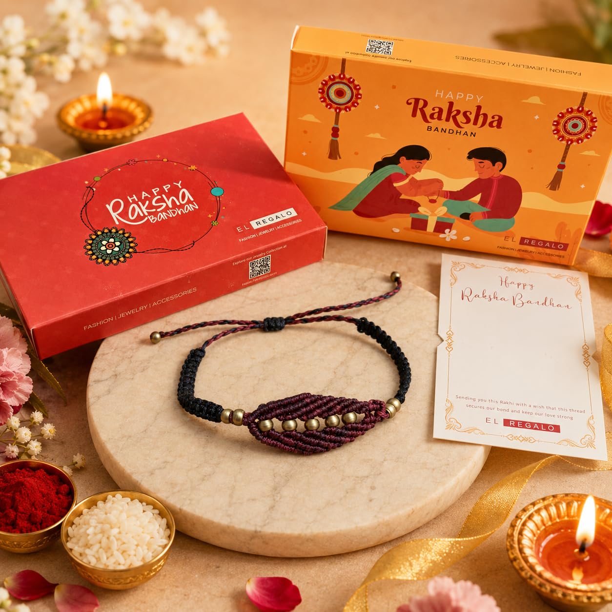 El Regalo Rakhi for Brother- Handwoven Vintage Macrame Bracelet Rakhi with shagun, Rakhi Card in Rakhi Gift Box