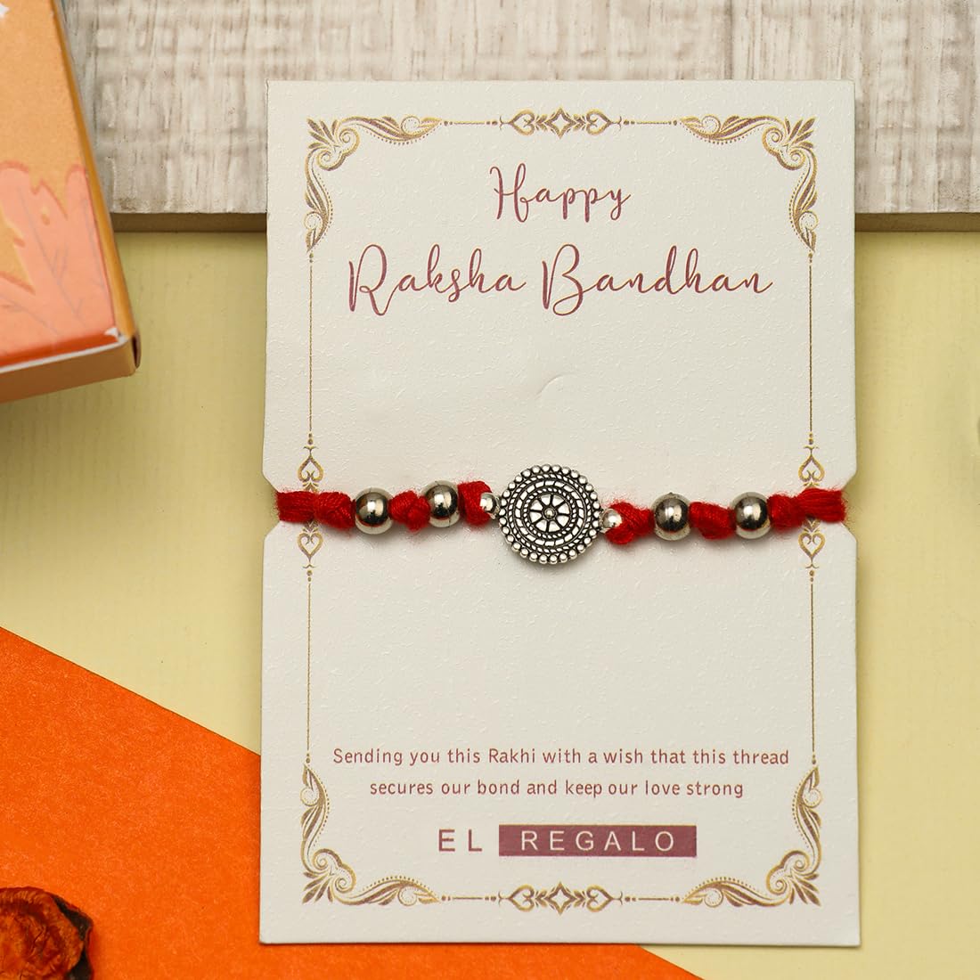 El Regalo 1PC Simple Red Thread Rakhi for Brother- Minimalist Antique German Silver Charm Rakhi with Roli Chawal, Rakhi Message Card
