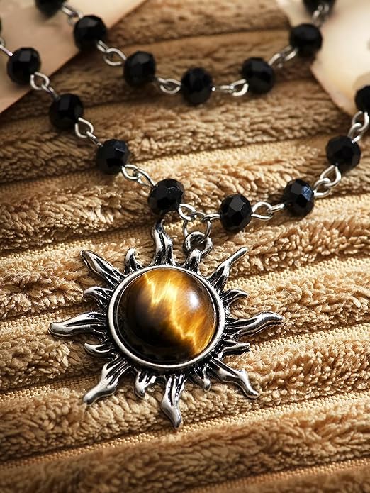 El Regalo Gothic Black Bead Sun Pendant Choker Necklace for Women & Girls - Vintage Goth Boho Jewelry | Statement Sun Charm Beaded Necklace for Party, Festival, Casual (Brown Tiger Eye)
