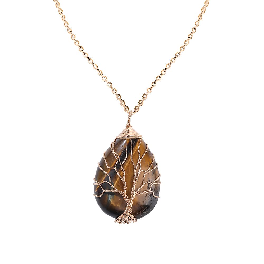 El Regalo Tree of Life Wire Wrapped Drop Natural Stones Healing Crystal Chakra Pendant Necklace - Unique Handcrafted Gemstones Pendant Necklaces (Tiger Eye) For Unisex Adult