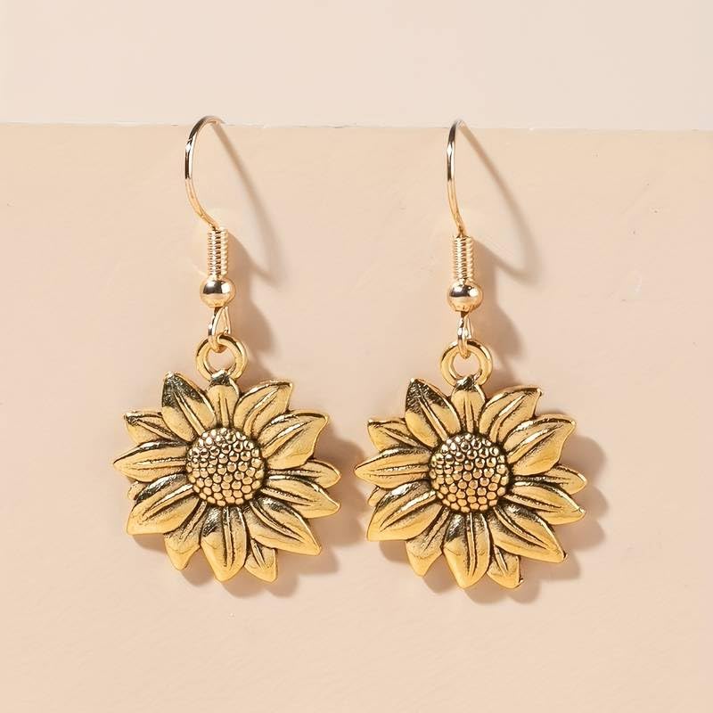 El Regalo Vintage Sunflower Earrings- Bohemian Sunflower Hook Earrings for Girls & Women (Golden)