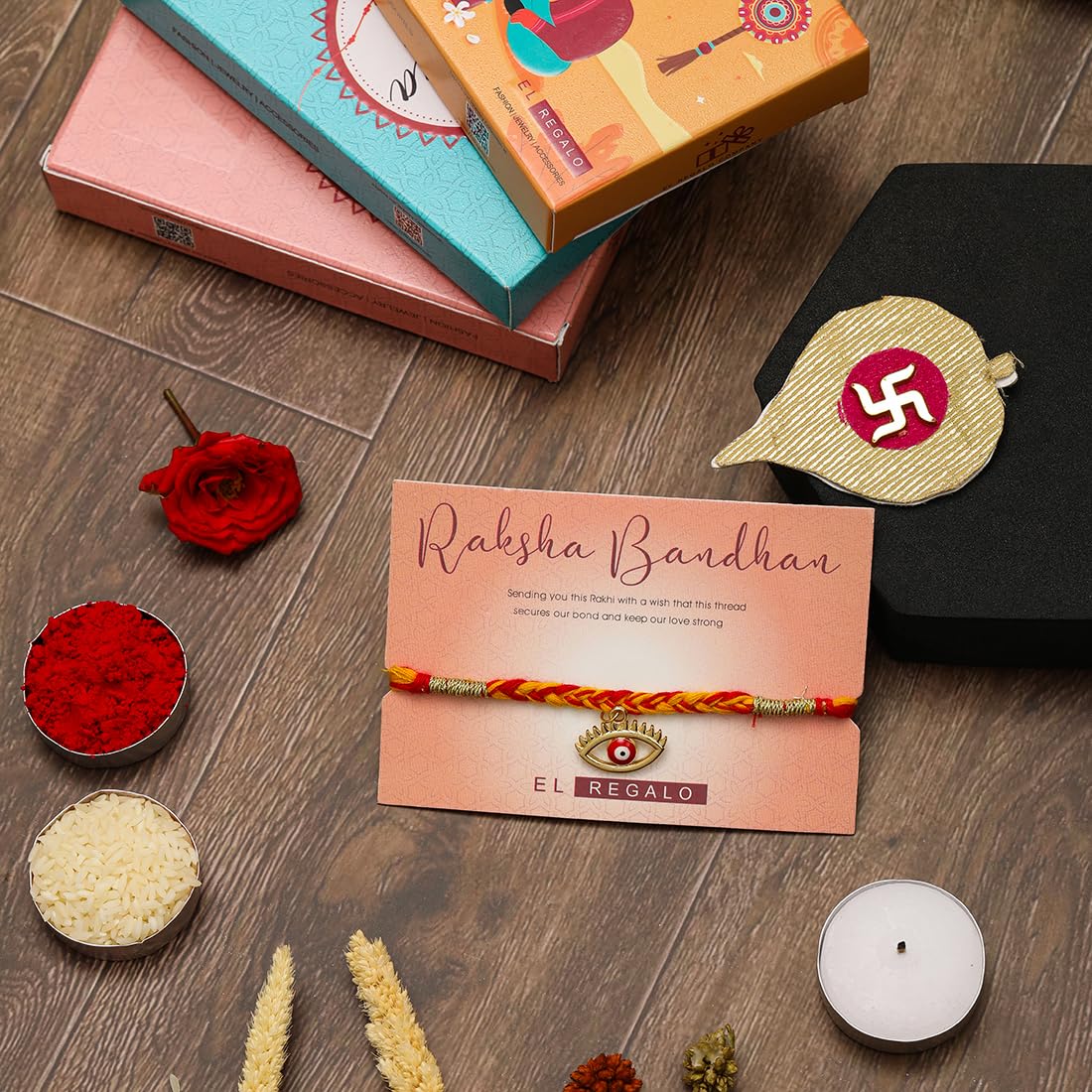 El Regalo 1 PC Moli Rakhi for Bhaiya - Rakshabandhan Moli Charms Rakhi with Message Card & Roli Chawal Shagun in Rakhi Box (Evil Eye Moli Rakhi-2)