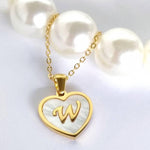 El Regalo Personalized Heart Name Initial Letters Pendant Necklaces - Stainless Steel Golden Heart Mother of Pearl Name Initials Letters Jewelry - Hypoallergenic Cursive Letters (A-Z) (W)