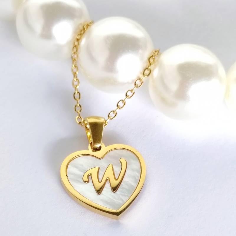 El Regalo Personalized Heart Name Initial Letters Pendant Necklaces - Stainless Steel Golden Heart Mother of Pearl Name Initials Letters Jewelry - Hypoallergenic Cursive Letters (A-Z) (W)