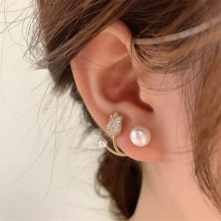 El Regalo 1 Pair Rose Bud Cuff Earrings, Golden Rose Pearl Ear Crawler Cuff Earrings for Girls Women