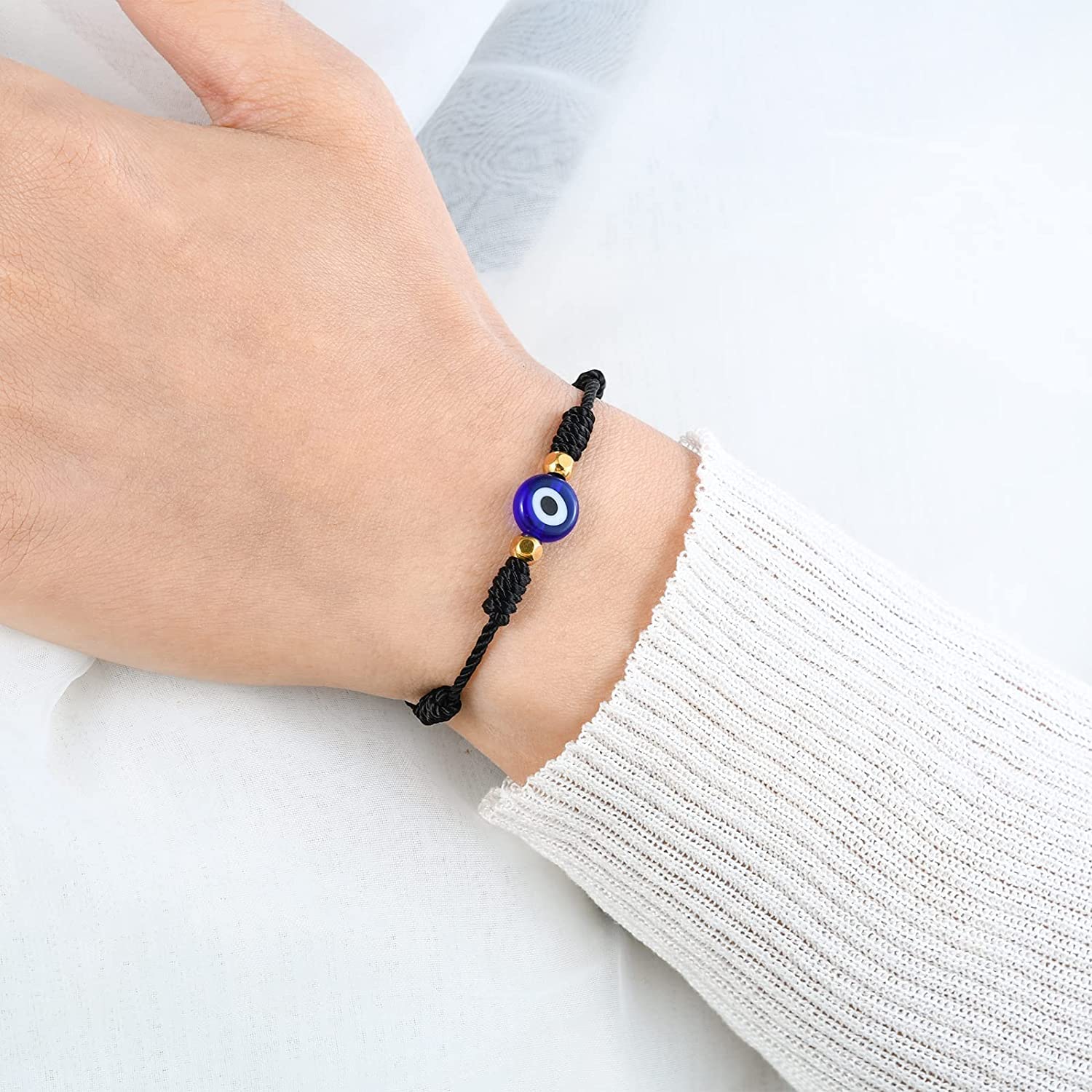 El Regalo 2PCs Lucky Evil Eye 7 Knots Handwoven Adjustable Bracelets - Protection 7 Knots Evil Eye Unisex Bracelet Set for All- Girls/Boys/Men & Women (2 Black Evil Eye)