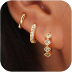 El Regalo 3 Pairs Dainty 14K Gold Plated Huggie Hoop Earrings - Small CZ Hoop Earrings Set for Women & Girls, Cartilage & Tragus Earrings (Style-2)