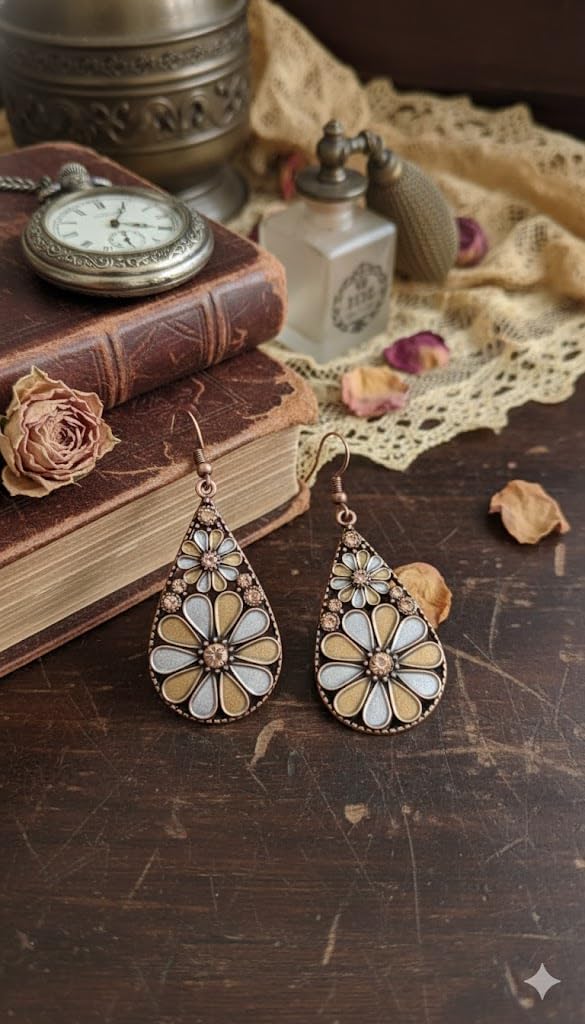 El Regalo Classy Floral Bohemian Teardrop Earrings for Women & Girls - Vintage Oxidized Style Boho Dangle Earrings | Ethnic Indian & Western Jewellery (Style-2)