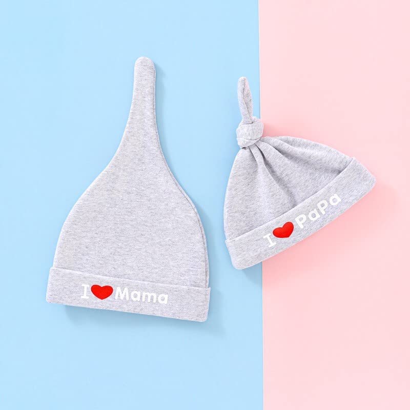 El Regalo 2 PCs I Love Papa/I Love Mama Soft Beanie Knot Unisex Caps for Babies Girls/Boys - Autumn- Spring Newborn Cozy Hat Knot Infant Hat (Grey Mama-Papa)