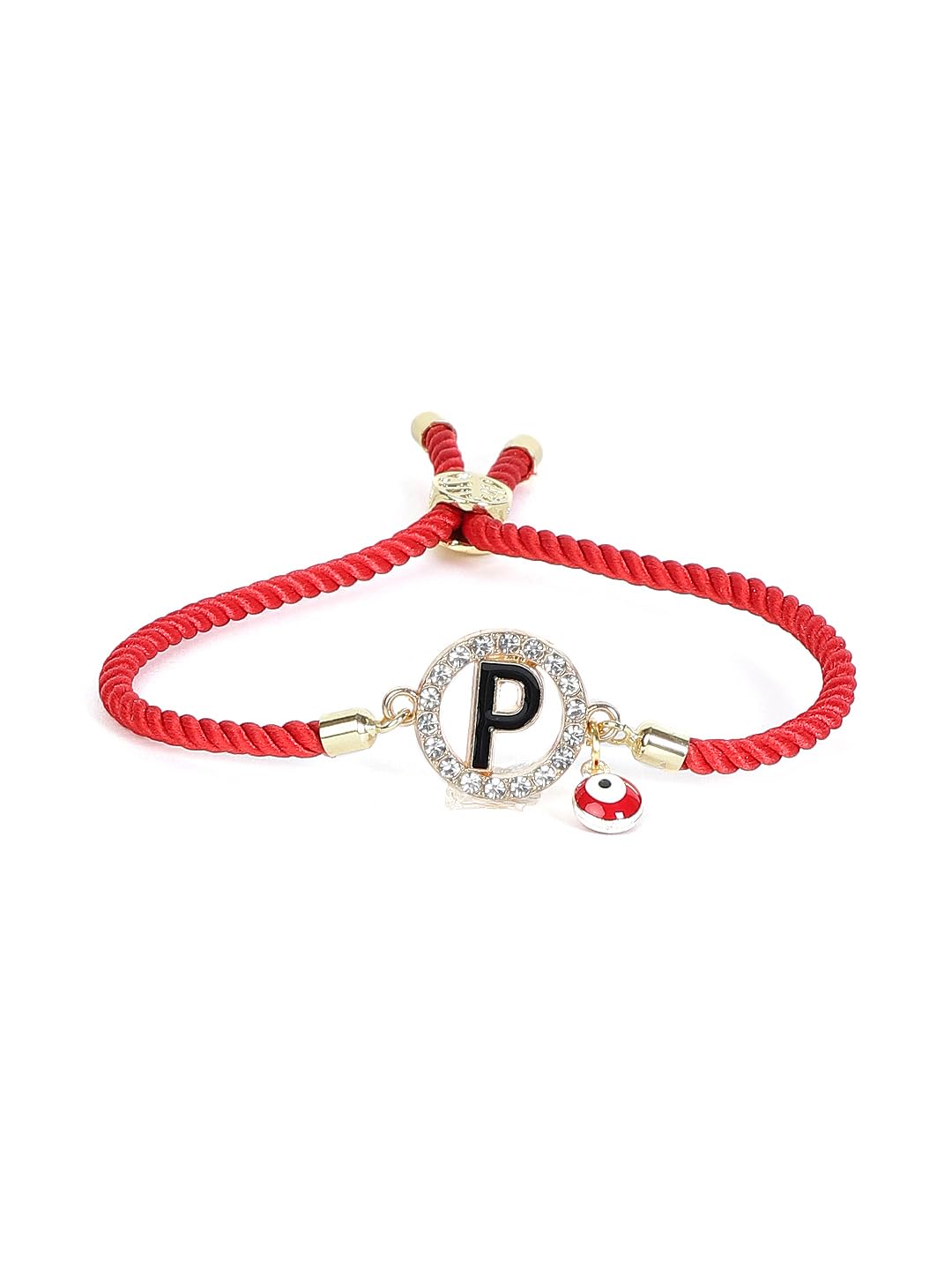 El Regalo Name Initials Evil Eye Bracelet Rakhi for Brother- Name Letter CZ Rakhi with Roli Chawal, Message Card in Rakshabandhan Box for Bhai (Red- P)