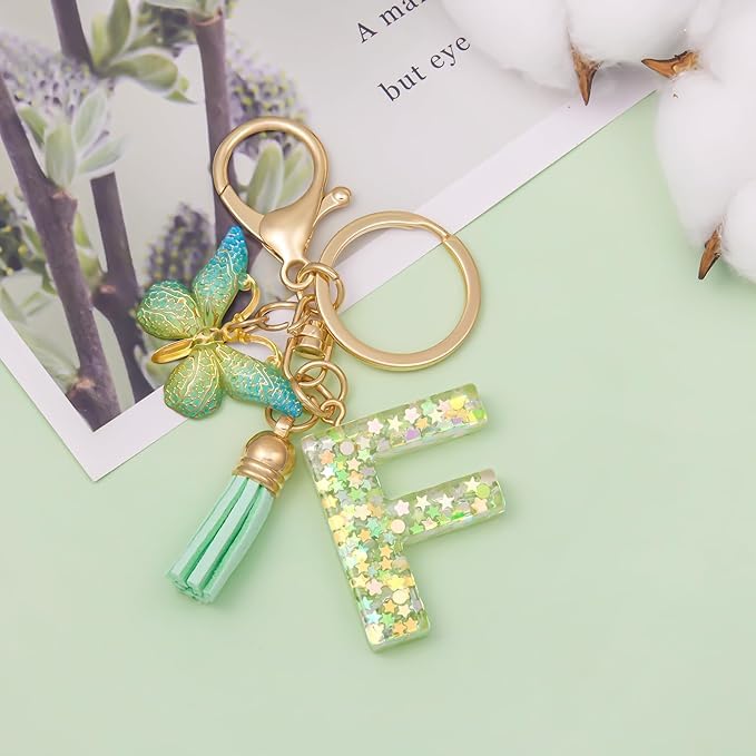 El Regalo Personalized Name Initials Butterfly Charm Keychain - Name Letters Keyring with Green Butterfly & Stars Filled Resin & Tassel Pendant, Purse, Bag, Backpack Accessory (Letter F)