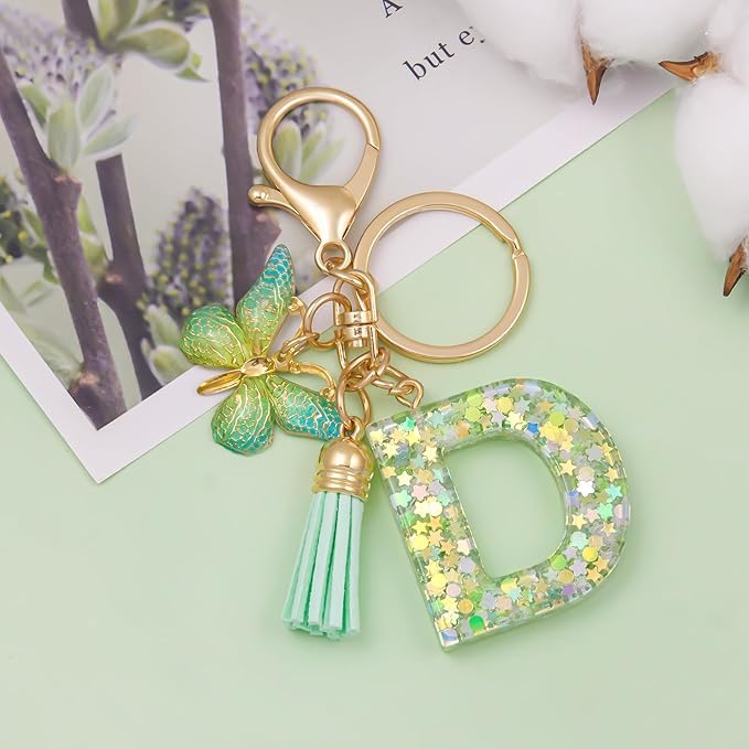 El Regalo Personalized Name Initials Butterfly Charm Keychain - Name Letters Keyring with Green Butterfly & Stars Filled Resin & Tassel Pendant, Purse, Bag, Backpack Accessory (Letter D)